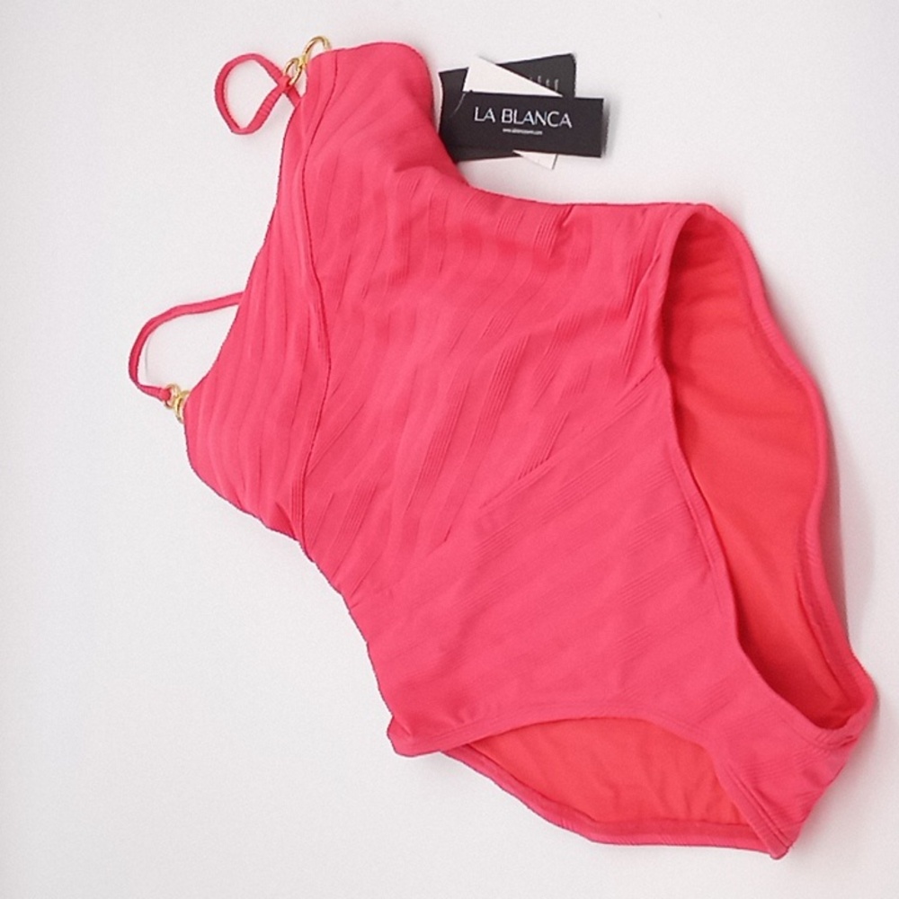 La Blanca Linea Costa Cross Back One-Piece Swimsuit Coral Sun 6 FLAW